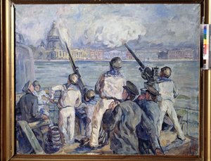 Die Verteidigung von Sewastopol. Episode des Zweiten Weltkriegs (1939-1945): Panorama der Stadt Krim von einem russischen Kriegsschiff aus, dessen Matrosen auf die belagernden Deutschen schießen (Belagerung 1941-1942). Gemälde von Arista
