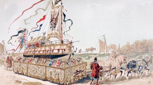 Eine königliche Barke, die im 16. Jahrhundert von Pferden auf einem Wagen zu einem Kanal gezogen wird
