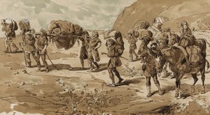 Sänfte, Träger und beladene Packesel, Zeit der Kreuzzüge, 11. Jahrhundert von Armand Jean Heins