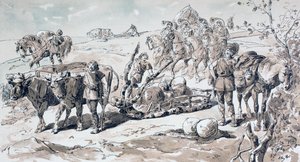 Ochsen ziehen einen primitiven Schlitten beladen mit Steinen, 1886 von Armand Jean Heins