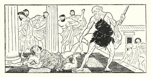 Odysseus zieht Irus aus der Halle