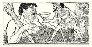 Odysseus bietet dem Riesen Polyphemus einen Becher Wein an