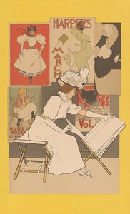 Sitzende Frau an einem Stand, die Drucke betrachtet, 1897 von Armand Rassenfosse
