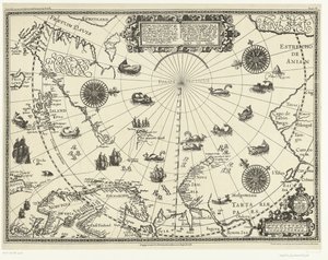 Karte der Länder rund um den Polarkreis mit den drei Reisen der Niederländer, 1598