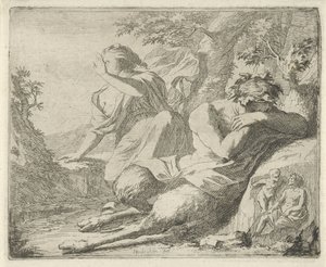 Satyr und Frauenfigur bedecken die Augen vor Sonnenlicht von Arnold Houbraken