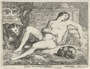 Schlafende Nymphe mit einem Hund, beobachtet von einem Satyr von Arnold Houbraken