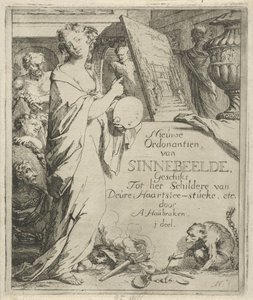 Frauenfigur mit Palette, die auf ein Gemälde zeigt von Arnold Houbraken