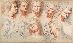 Dreizehn Studien basierend auf einem römischen Kaiserhaupt (Schwarze & rote Kreiden mit brauner Tinte auf weißem Papier) von Arnold or Artus the Elder Quellin I