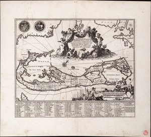 Mappa Aestivarum Insularum, alias Barmudas dictarum. Einzelseite, Gravur von Arnoldus Montanus