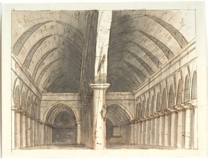 Innenraum des Erdgeschosses einer Kirche (?) mit Säulen und Gewölben von Aron Wallick