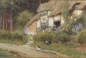 Ein junges Mädchen und Hühner bei einem Cottage von Arthur Claude Strachan