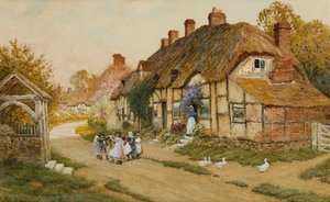 Kinder spielen vor einem Cottage in einem Dorf von Arthur Claude Strachan