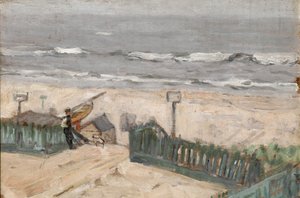 Badehütten mit Fischer und Hund, um 1900 von Arthur Haythorne Studd