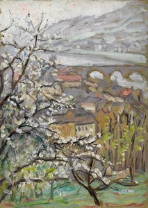 Blick über einen Obstgarten über eine Brücke und eine Mündung
