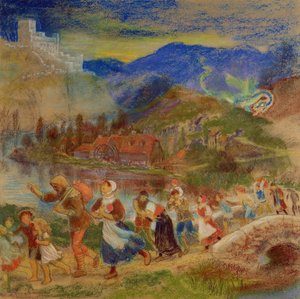 Dorfbewohner fliehen vor einem Drachen