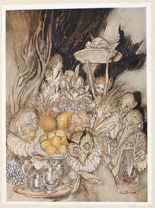 AKT III: Szene III, Zeile 19, Eintritt mehrerer seltsamer Gestalten, die ein Bankett hereinbringen ... den König usw. zum Essen einladen. von Arthur Rackham
