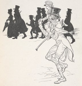 Ein Junge, der auf den Schultern eines Mannes getragen wird von Arthur Rackham