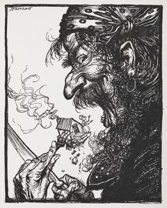 Ein großer Mann isst eine winzige Dame und ihr Haus. von Arthur Rackham