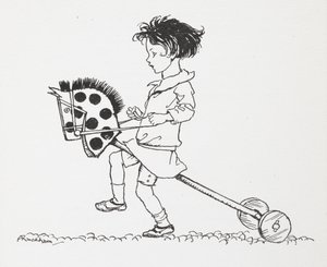 Ein kleines Mädchen auf einem Spielzeug-Steckenpferd von Arthur Rackham