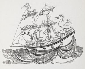 Ein Schiff, bemannt von Mäusen und kommandiert von einer Ente. von Arthur Rackham