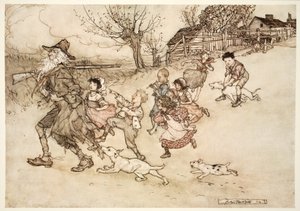 Eine Schar seltsamer Kinder rannte ihm nach, hootete ihn aus und zeigte auf seinen grauen Bart., aus Rip Van Winkle von Washington Irving, veröffentlicht 1910
