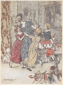 Eine junge Frau und Kinder tanzen in einem Spielzimmer voller Spielzeug. von Arthur Rackham