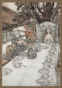 Alice bei der Teeparty des verrückten Hutmachers mit dem Märzhasen, dem Schlafmaus und dem verrückten Hutmacher von Arthur Rackham