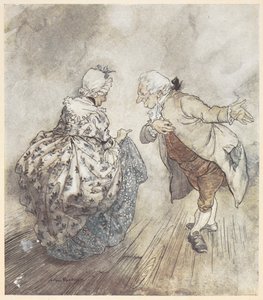 Ein altes Paar in formeller Kleidung, das sich zum Tanzen bereit macht von Arthur Rackham
