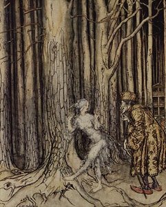 Endlich traf sie den Bräutigam, der langsam zurückkam, Illustration zu Fitchers Vogel aus Kleiner Bruder, Kleine Schwester von den Brüdern Grimm, 1917 von Arthur Rackham