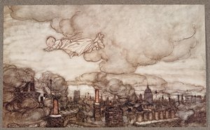 Er flog über die Häuser zu den Gärten, aus Peter Pan in Kensington Gardens von J M Barrie, veröffentlicht 1906 von Arthur Rackham