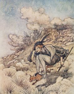 Sie flogen über Stock und Stein, so schnell, dass sein Haar im Wind pfiff, aus Die Märchen der Brüder Grimm, veröffentlicht 1909