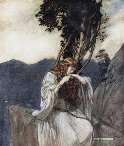 Brünnhilde küsst den Ring, den Siegfried bei ihr gelassen hat. Illustration für Siegfried und Die Dämmerung