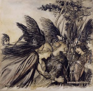 Brunnhilde fleht die Walküren an, Illustration aus Das Rheingold und die Walküre von Richard Wagner, Ausgabe veröffentlicht 1910 von Arthur Rackham