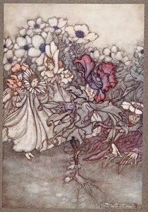 Aber wenn man hinschaut und sie befürchten, dass keine Zeit zum Verstecken bleibt, stehen sie ganz still und tun so, als wären sie Blumen, aus Peter Pan in Kensington Gardens von J M Barrie, veröffentlicht 1906 von Arthur Rackham