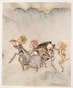 Jeder, der auf seinen Zehen trippelt, wird hier mit Mop und Mow sein, Illustration aus William Shakespeares Der Sturm, veröffentlicht 1926 von Arthur Rackham