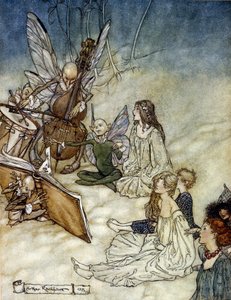 Elfen spielen Musik. Illustration von Arthur Rackham für Ein Sommernachtstraum von William Shakespeare