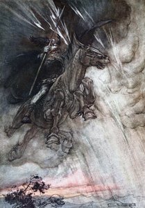 Wütend reitet Wotan zum Felsen. Illustration für Das Rheingold und Die Walküre von Richard Wagner von Arthur Rackham