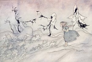 Gerda ist von der Vorhut der Schneekönigin erschrocken, aber sie sagte das Vaterunser und wird von kleinen hellen Engeln gerettet, Illustration aus Die Schneekönigin von Hans Christian Andersen, veröffentlicht 1932 von Arthur Rackham