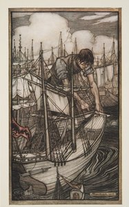 Gulliver ergreift die feindliche Flotte, aus Gullivers Reisen von Jonathon Swift
