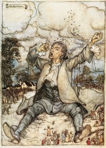 Gulliver erwacht in Lilliput, Illustration aus Gullivers Reisen von Jonathan Swift, von Arthur Rackham von Arthur Rackham