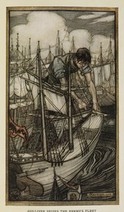 Gulliver erobert die feindliche Flotte, Illustration aus Gullivers Reisen von Jonathan Swift, von Arthur Rackham