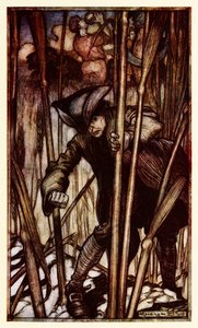 Gulliver wird von Angst ergriffen beim ersten Anblick der Brobdingnagischen Schnitter, aus Teil II: Eine Reise nach Brobdingnag in Gullivers Reisen von Jonathan Swift von Arthur Rackham