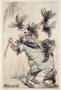 Gullivers Kampf mit den Wespen, aus Gullivers Reisen von Jonathon Swift, veröffentlicht 1909 von Arthur Rackham