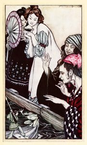 Gullivers Begegnung mit dem Frosch, aus Teil II: Eine Reise nach Brobdingnag in Gullivers Reisen von Jonathan Swift von Arthur Rackham
