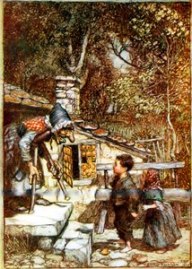 Hänsel und Gretel und die Hexe an der Türschwelle ihres Häuschens