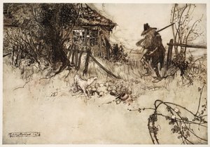 Er fand das Haus verfallen? Mein eigener Hund, seufzte der arme Rip, hat mich vergessen., aus Rip Van Winkle von Washington Irving, veröffentlicht 1910 von Arthur Rackham