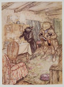 Er tauchte bald wieder auf, etwas staubig, mit einer Flasche Bier in jeder Pfote und einer weiteren unter jedem Arm, aus Wind in den Weiden von Kenneth Grahame (1859 - 1932), veröffentlicht 1940 von Arthur Rackham