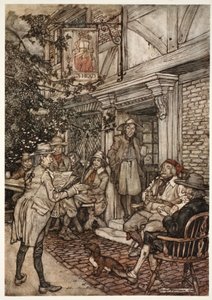 Er tröstete sich, indem er häufig einen Art ewigen Club der Weisen, Philosophen und anderen Müßiggänger besuchte, der seine Sitzungen vor einem kleinen Gasthaus abhielt., aus Rip Van Winkle von Washington von Arthur Rackham