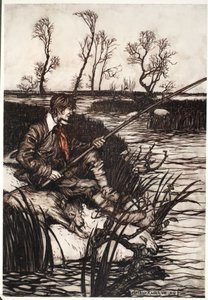 Er würde den ganzen Tag auf einem nassen Felsen sitzen und angeln., aus Rip Van Winkle von Washington Irving, veröffentlicht 1910 von Arthur Rackham