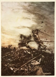 Wie Mordred von Arthur getötet wurde und wie Arthur von ihm tödlich verletzt wurde, Illustration aus Alfred Pollards 
